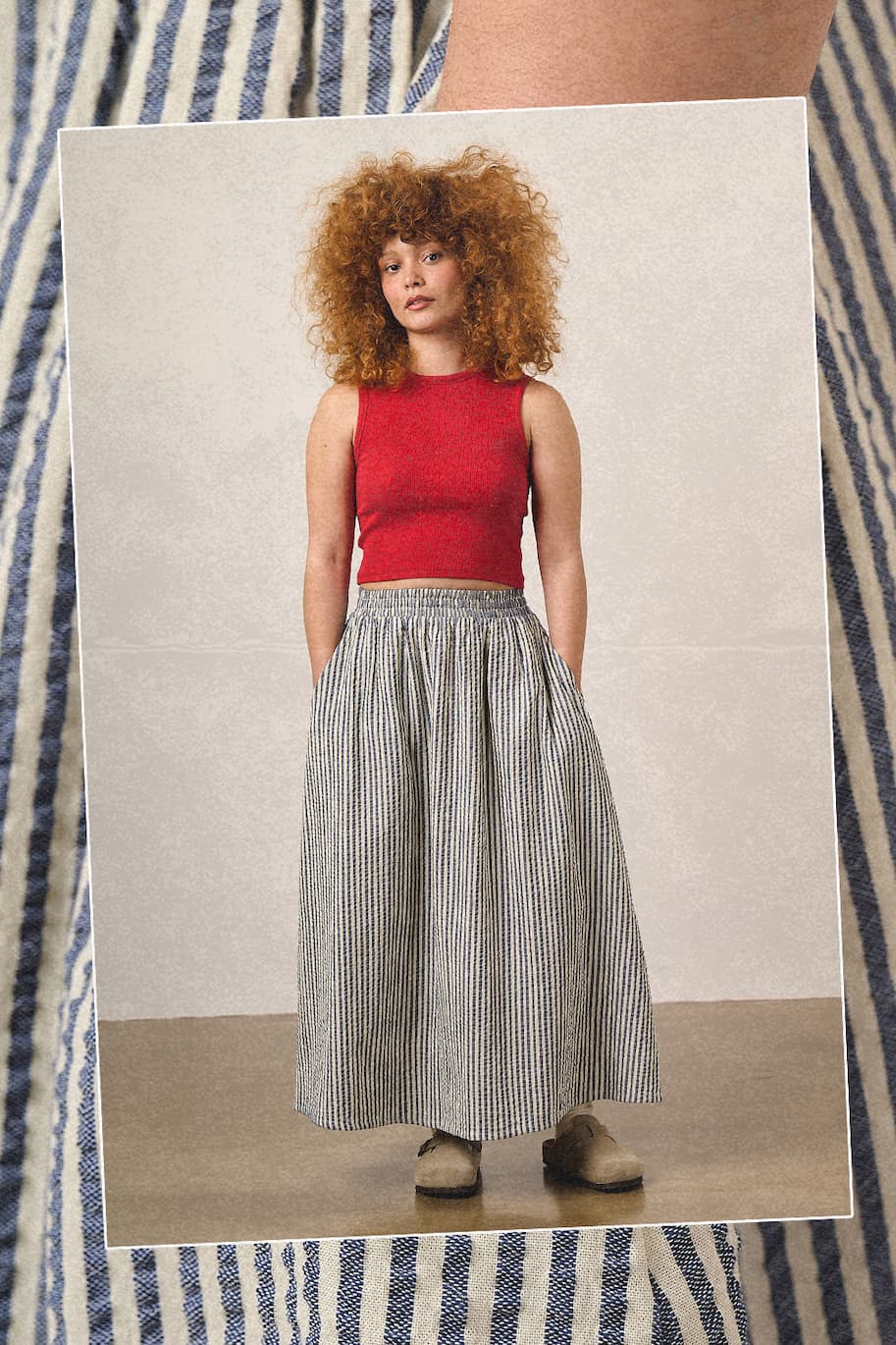 Clara - Cotton Midi Skirt in Navy Stripe
