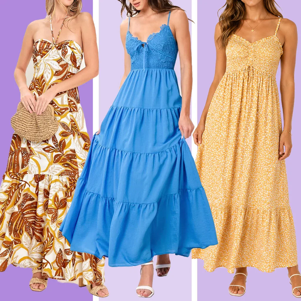 Three women modeling colorful maxi dresses: a printed brown and gold strapless dress, a blue tiered lace dress, and a yellow floral dress.