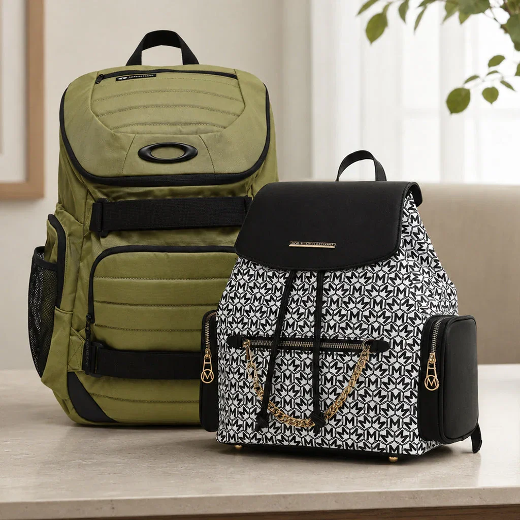 Two stylish backpacks displayed: a olive green quilted design and a black and white monogram patterned backpack.