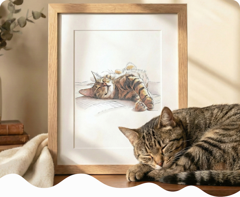 A tabby cat lying beside a framed watercolour illustration of itself, displayed in a natural wood frame