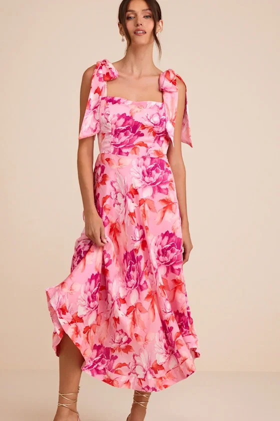 Image of Fleurette Pink Floral Tie-Strap Midi Dress