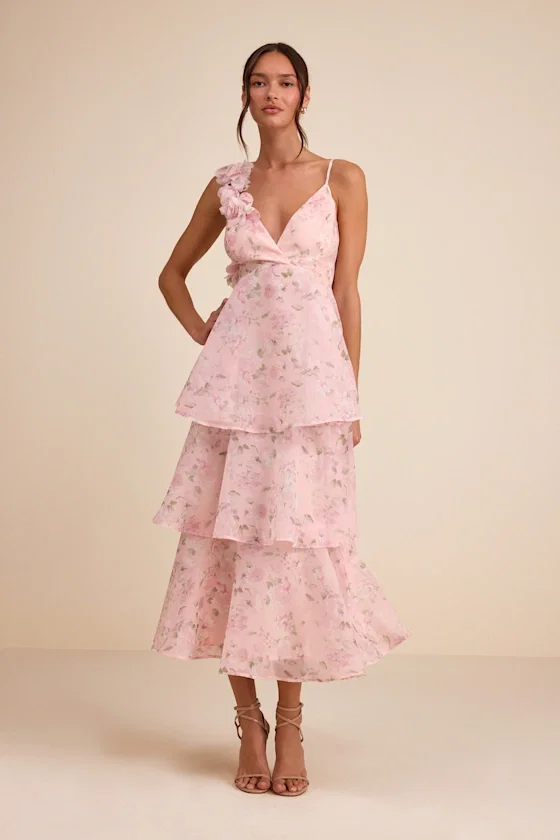 Image of Daleyza Light Pink Floral Organza Tiered Midi Dress