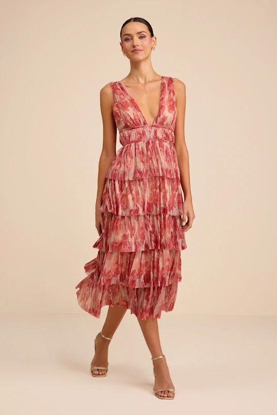 Image of Valentia Magenta Plisse Sleeveless Tiered Midi Dress