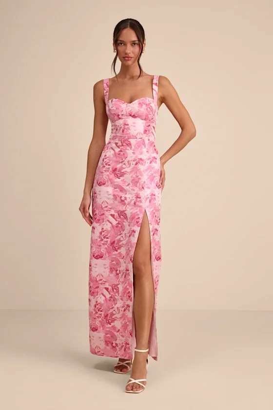 Image of Demina Light Pink Floral Jacquard Bustier Maxi Dress