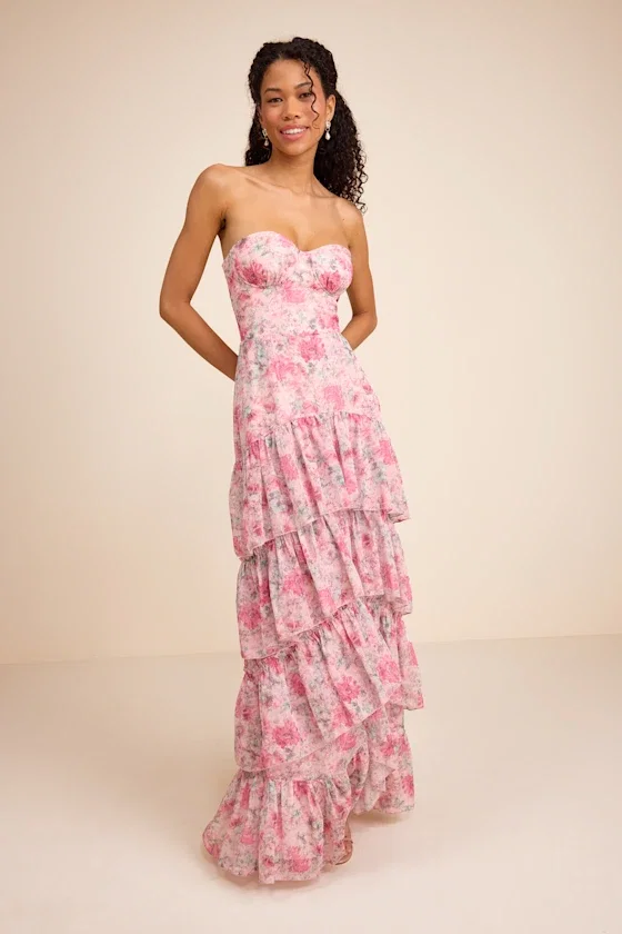 Image of Dessie Light Pink Floral Tiered Maxi Dress