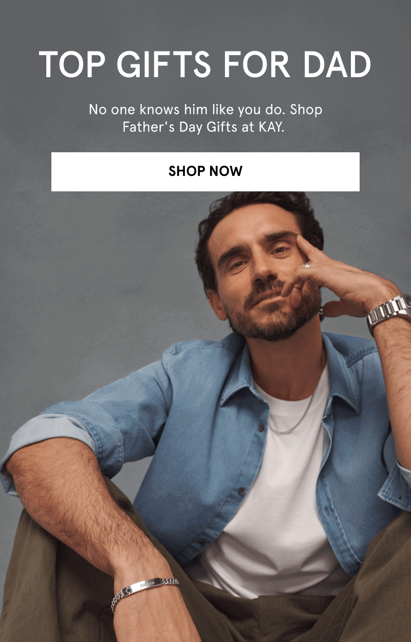 Male model wearing a silver watch, chain necklace and silver curb chain. Top gifts for dad. Click shop now.