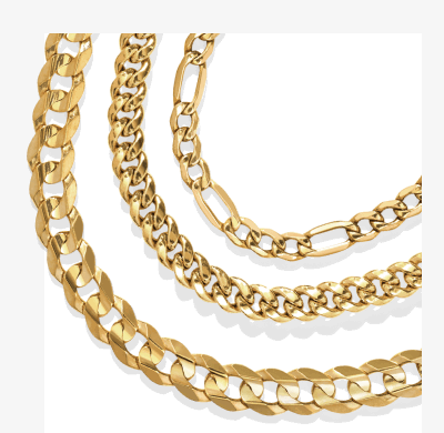 Layered yellow gold chain necklaces featuring paperclip, rounded curb, and flat curb link designs.