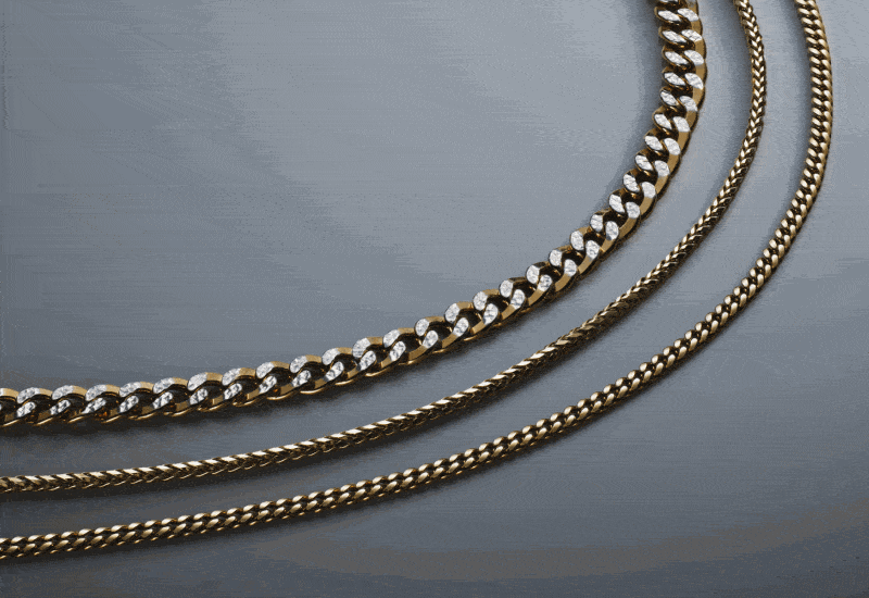 2-frame GIF featuring layered yellow gold chains on one and a cross pendant with stud earrings on the other.