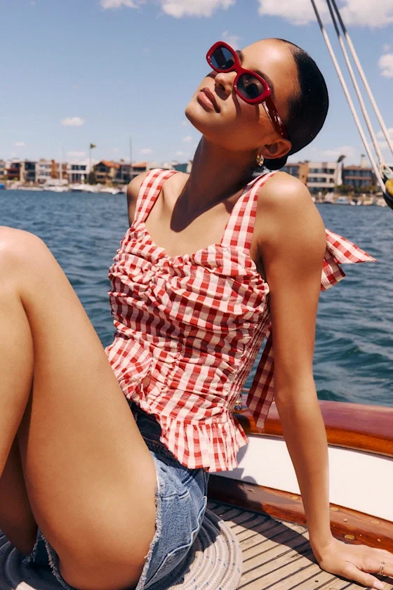 Image of Lobelia Red Gingham Ruched Tie-Strap Top