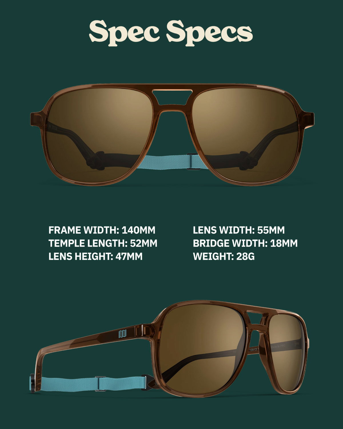Spec specs. Frame width: 140mm. Temple length: 52mm. Lens height: 47mm. Lens width: 55mm. Bridge width: 18mm. Weight: 28g.
