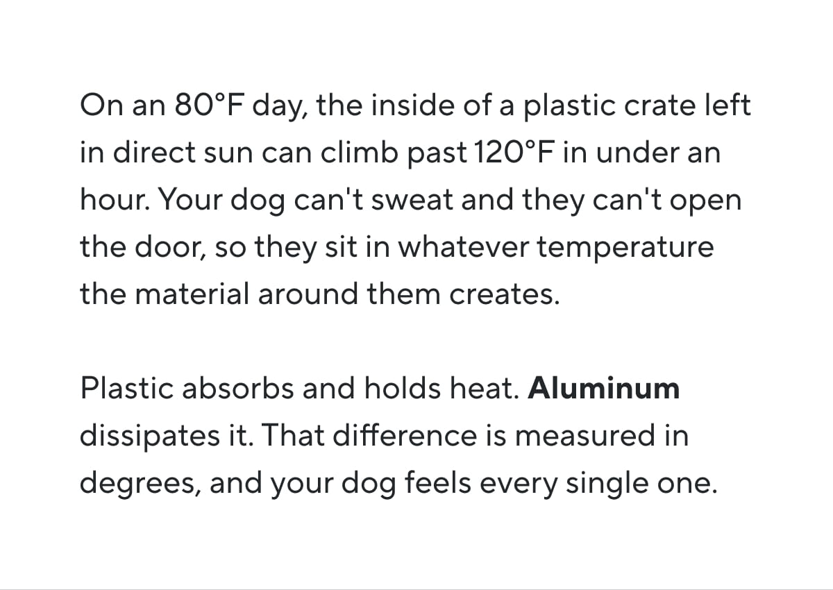 On an 80°F day, the inside of a plastic crate left in direct sun can climb past 120°F in under an hour. Your dog can't sweat and they can't open the door, so they sit in whatever temperature the material around them creates.  Plastic absorbs and holds heat. Aluminum dissipates it. That difference is measured in degrees, and your dog feels every single one.