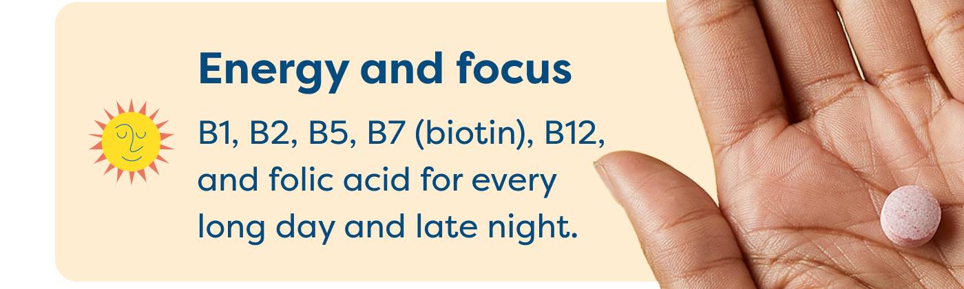 Energy and focus  B1, B2, B5, B7 (biotin), B12, and folic acid for every long day and late night.