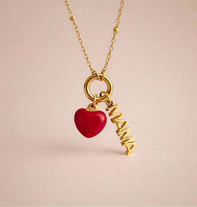 Mama Red Heart Charm Necklace 18k Gold Plated