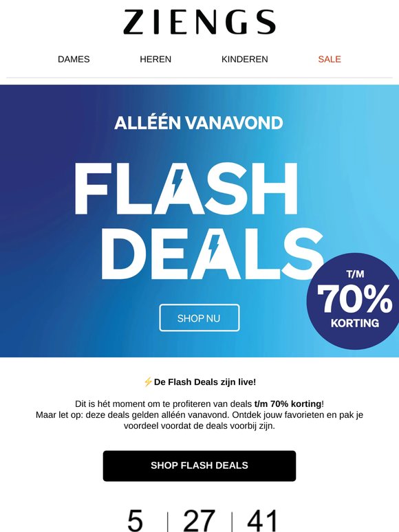 Flash deals! Tot 70% korting ⚡