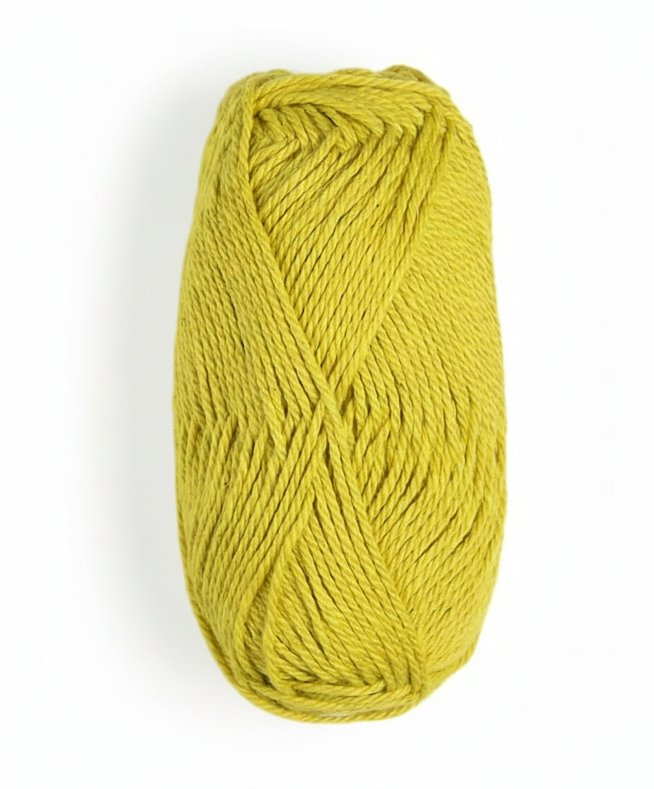 A ball of bright yellow-green yarn on a white background. >>