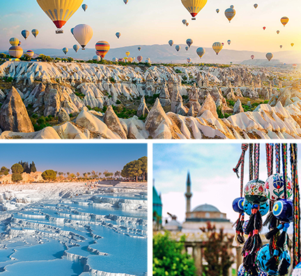 Bild-Collage: Felslandschaft mit Heißluftballons in Kappadokien, weiße Kalkterrassen in Pamukkale, Moschee in Konya.