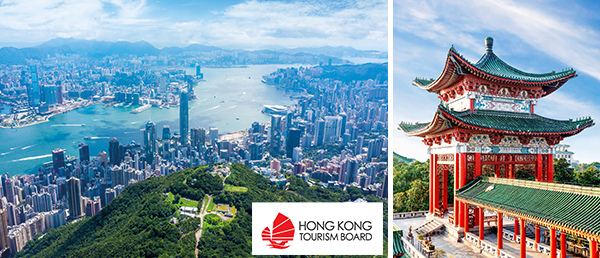 Bild-Collage: Blick auf Hochhäuser von Hongkong, alter chinesischer Tempel.