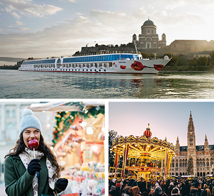 Bild-Collage: Außenansicht A-ROSA Flussschiff, Frau in Wintersachen beißt in roten kandierten Apfel, Weihanchtsmarkt in Wien vor Rathaus,