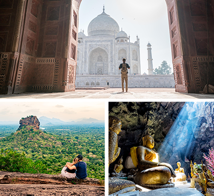 Bild-Collage: Mann steht vor Taj Mahal, Paar schaut auf den Löwenfelsen in Sigiriya, goldene Buddha-Statuen in einer Höhle.