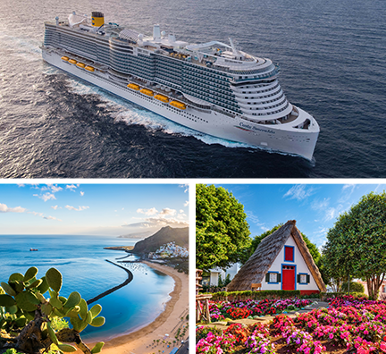 Bild-Collage: Außenansicht Costa Smeralda, Strand auf Teneriffa, Strohhaus auf Madeira mit Blumen.