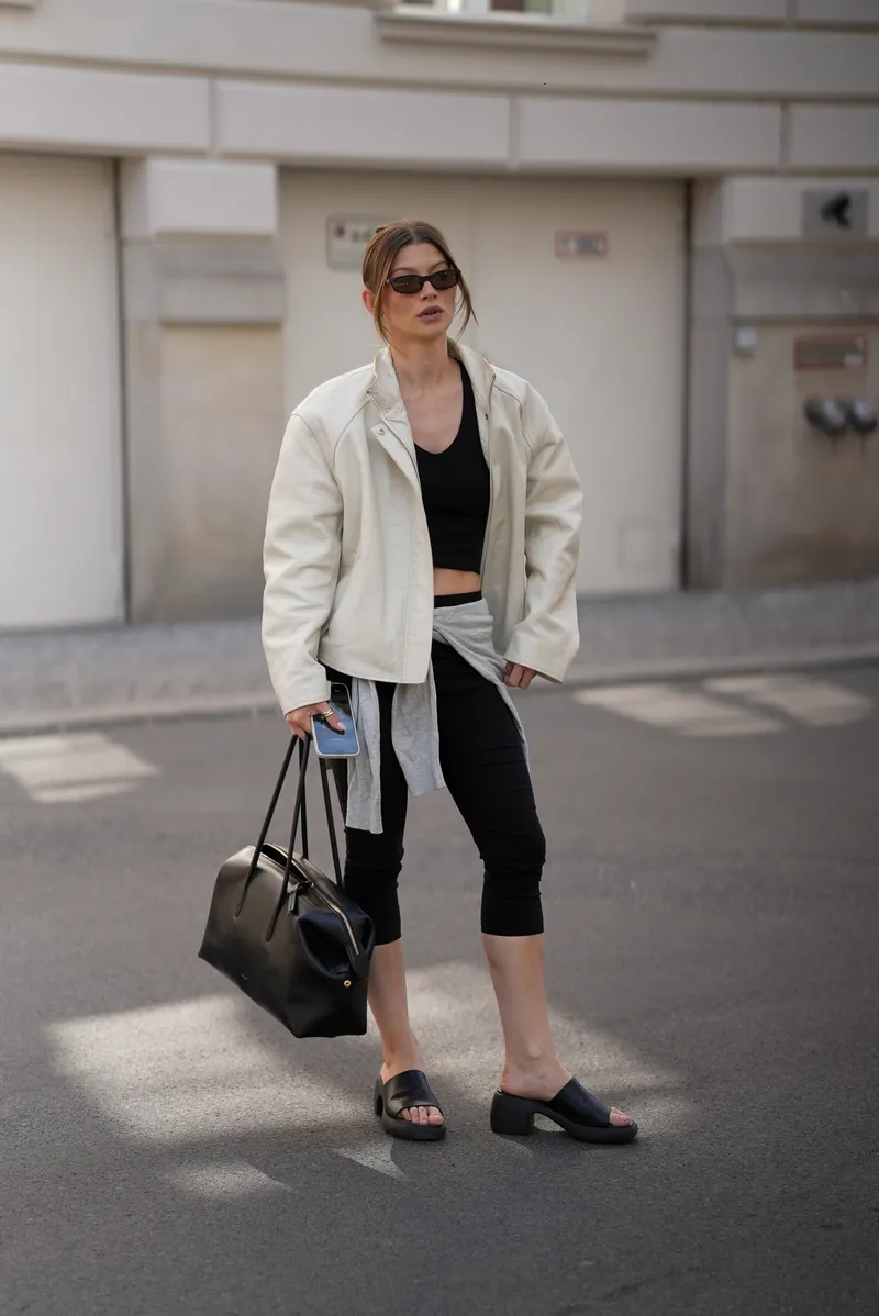 what to wear to the gym - BERLIN, GERMANY - MAY 3: Sophia Geiss is seen wearing an off-white oversized harrington-style jacket with a stand collar
