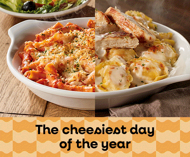 Olive Garden's cheesy pasta dishes, including Five Cheese Ziti al Forno and Chicken Tortelloni Alfredo, topped with freshly grated cheese for National Cheese Day.