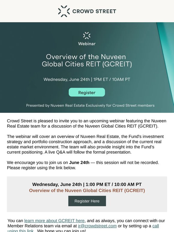 Crowd Street Webinar: An Overview of the Nuveen Global Cities REIT (GCREIT)