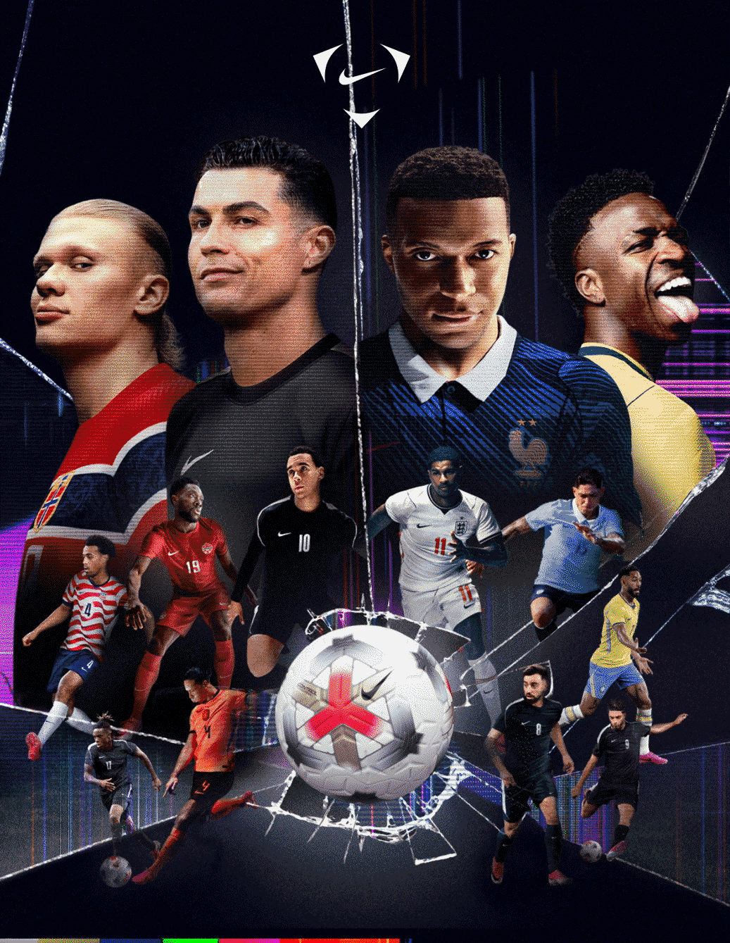 A glitchy gif shows a collage of close-ups and action shots of several football stars wearing Nike Football gear with a soccer ball in front appearing to break glass.