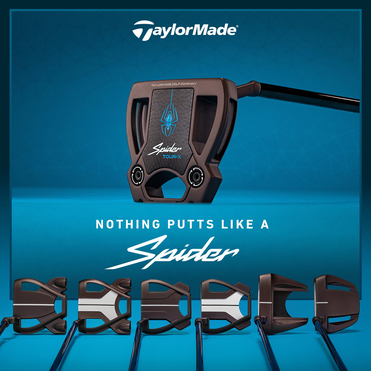 TaylorMade logo on top of a blue webbed background and the new Spider Tour X putter front and center. 'Nothing Putts Like a Spider' in white text with each Spider putter in the family lined up below 