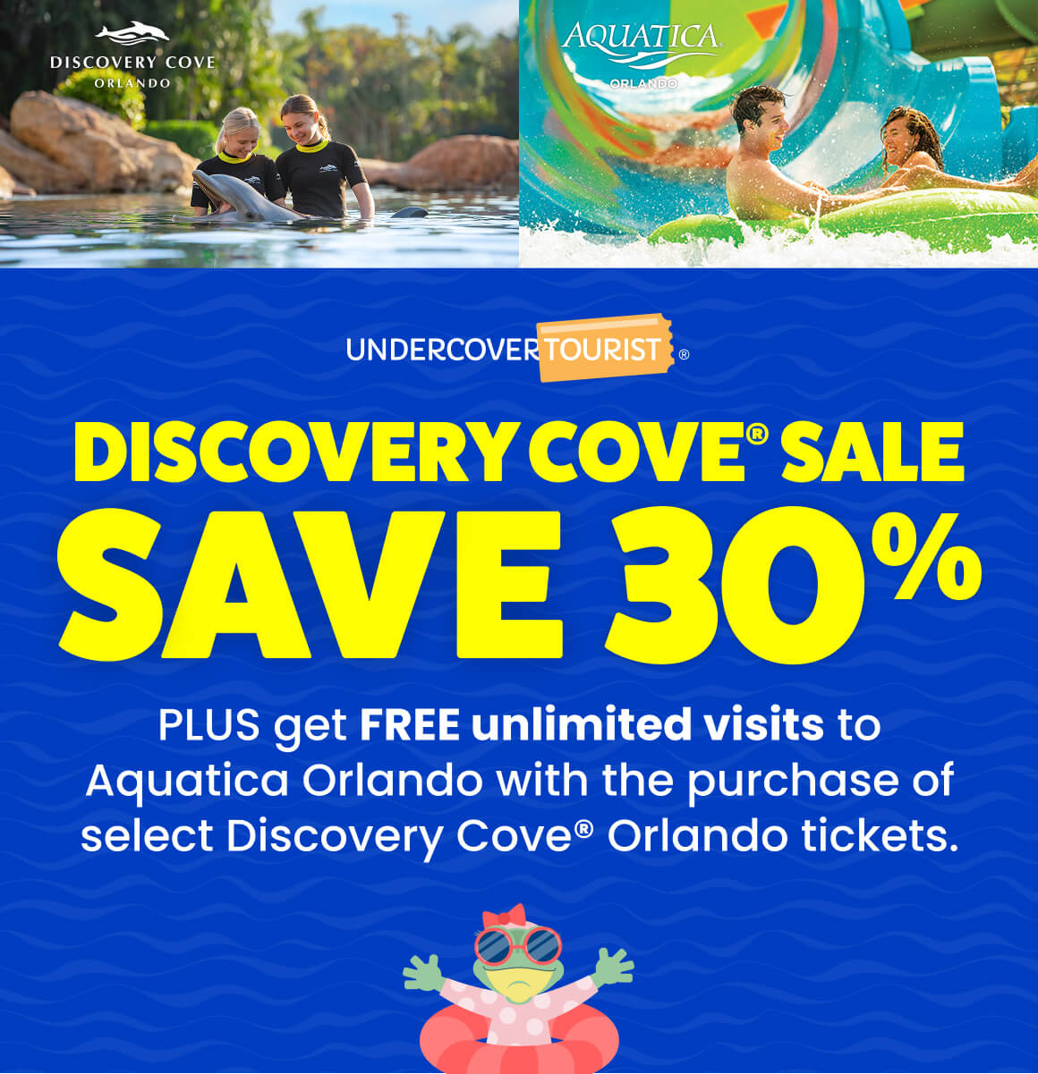 DISCOVERY COVE SALE - SAVE 30% - Plus get free unlimited visits to Aquatica Orlando with the purchase of select Discovery Cove Orlando tickets