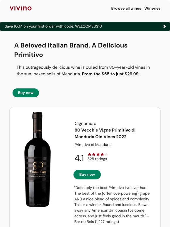 Cignomoro's Primitivo from 80 y/o vines, now 45% off.