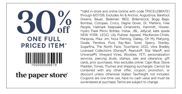 30% of one full priced item*