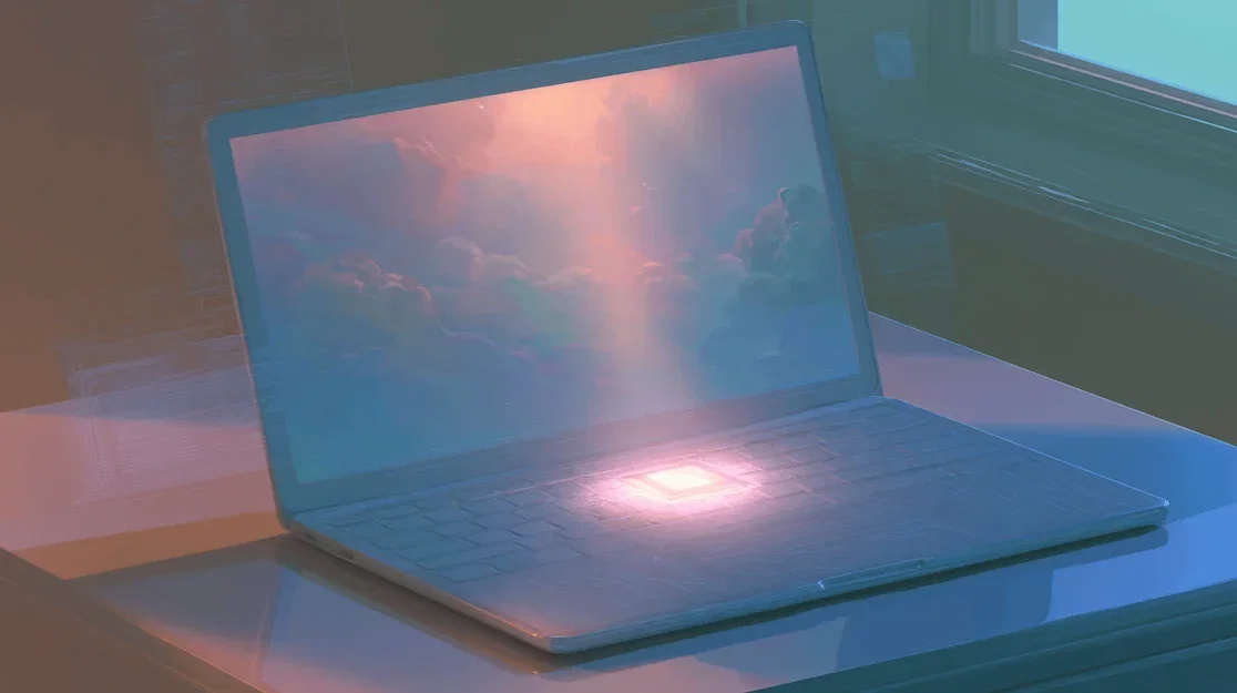 An illustration of a laptop with a glowing button in the middle.