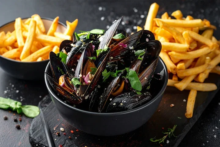 Velg mellom deilig dampede Blåskjell, Fish'n Chips eller Burger med fries hos Riviera Restaurant