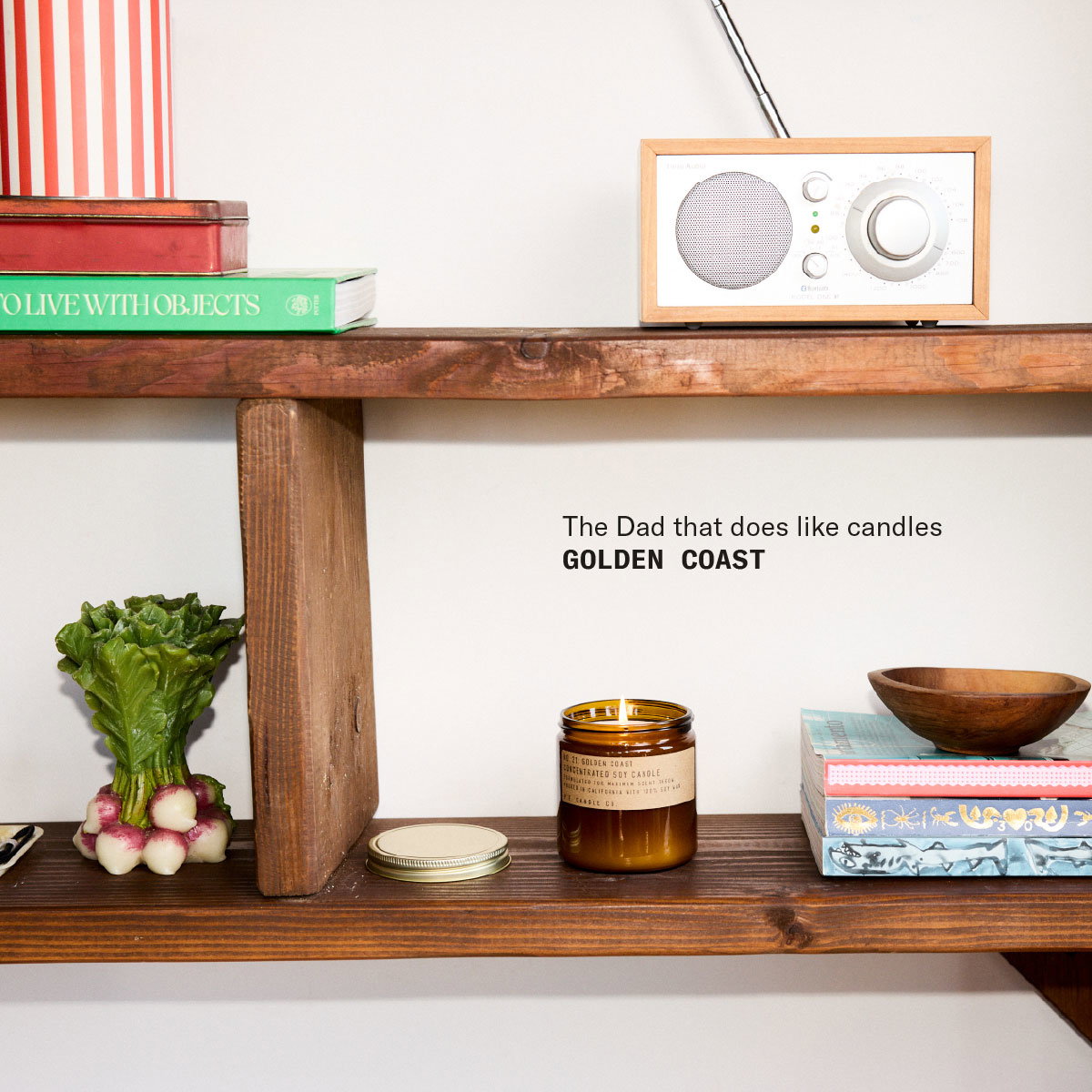 The Dad that does like candles Golden Coast [candle on shelf with various items]