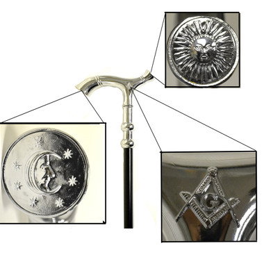 Freemason s Walking Cane (36.5")- Curved Top Design with Sun, Moon and Compass Square Masonic Symbolism. (Masonic gifts)