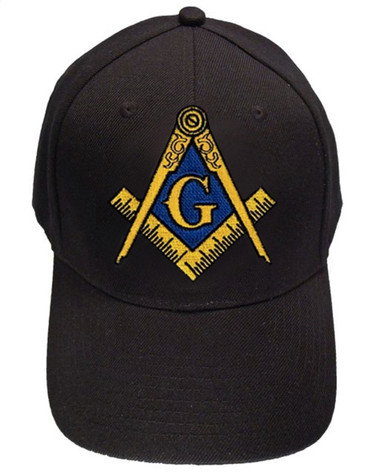 Freemason's Baseball Cap - Black Hat with Black and Gold and Blue Standard Masonic Symbol - One Size Fits Most Adults. Masonic Gifts