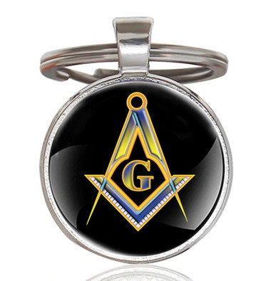 Masonic Keychain - Black and Bright Center Compass and Square Logo Design w/ Glass Cabochon