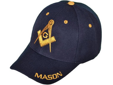 Dark Blue / Navy Masonic Baseball Cap - Golden Masonic Order Symbol, brim Mason text & adjustable strap on back of hat. Masonic Clothing, Apparel and Merchandise