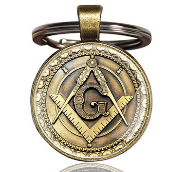 Masonic Keychain - Vintage Style Bronze color Design w/ Glass Cabochon