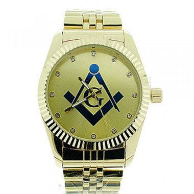 Masonic Watch - Dark Masonic Logo Compass & Square - Gold Color Steel Band - Full Gold Face Dial Freemason Symbol Watch