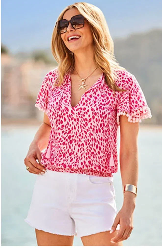 Pink & White Animal Print Pom Pom Top