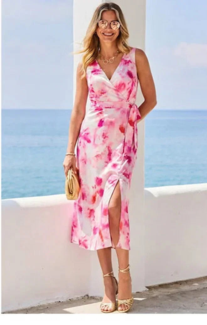 Pink Floral Print Satin Wrap Dress