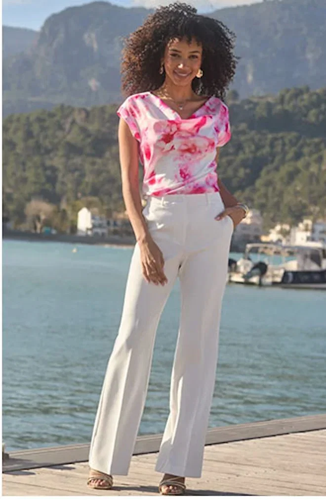 Pink & White Floral Print Cowl Neck Top