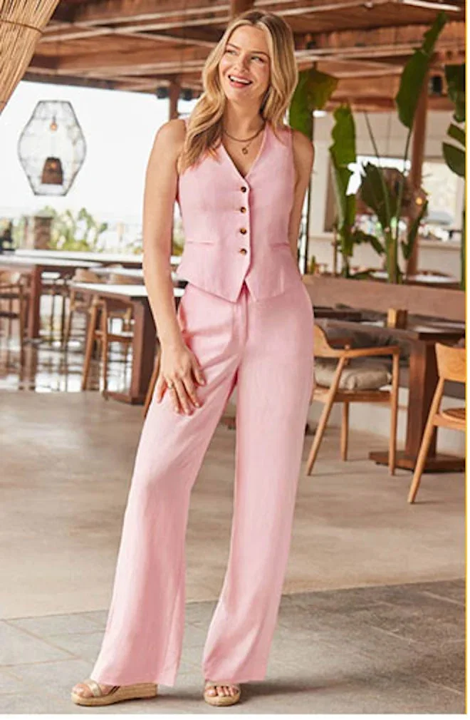 Pale Pink Linen Blend Wide Leg Trousers