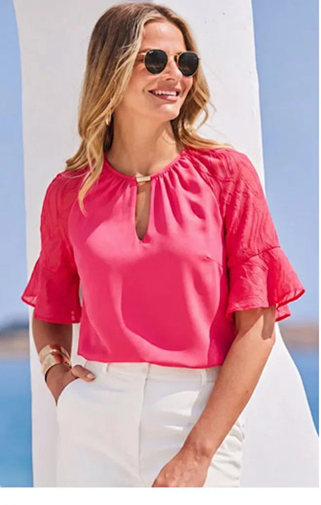 Pink Keyhole Detail Textured Dobby Sleeve Top