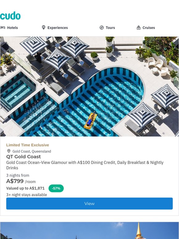 QT Gold Coast Oceanview Luxury w. A$100 Dining Credit & Nightly Drinks