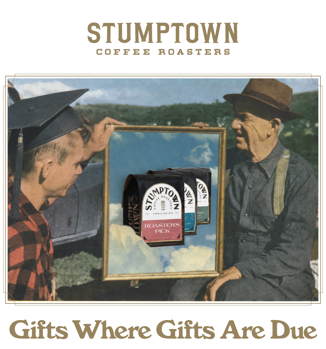 Vintage-style image of a father presenting a Stumptown Roaster’s Pick subscription to a recent graduate in a graduation cap. The scene features a framed image of Roaster’s Pick coffee bags floating among clouds. Text below reads, “Gifts Where Gifts Are Due.”