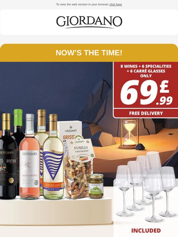 Now is the moment: 8 wines, 6 specialities and 6 wine glasses for just £69.99 🕘 - Free delivery