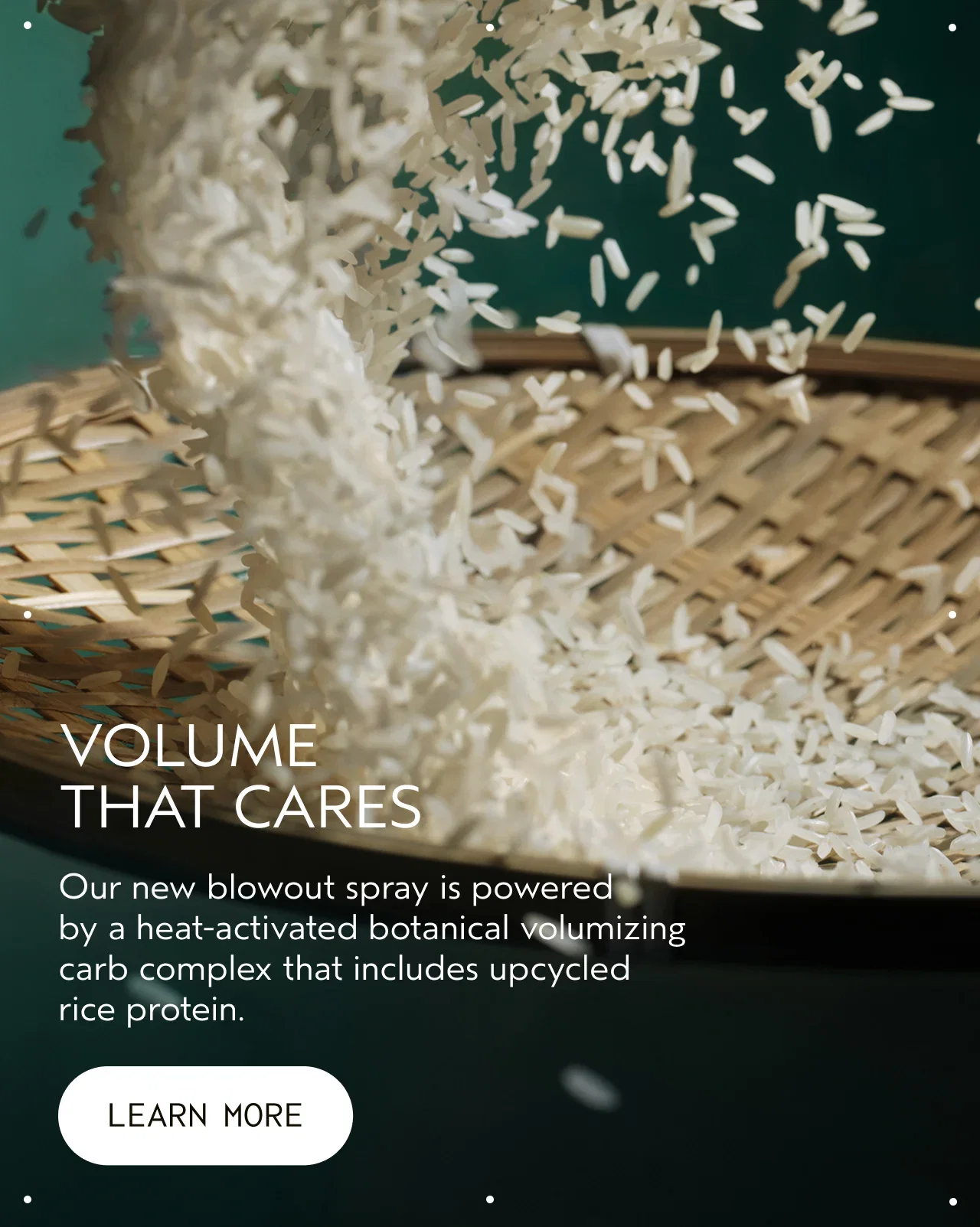 VOLUME THAT CARES | Our new blowout spray is powered by a heat-activated botanical volumizing carb complex that includes upcycled rice protein. | LEARN MORE